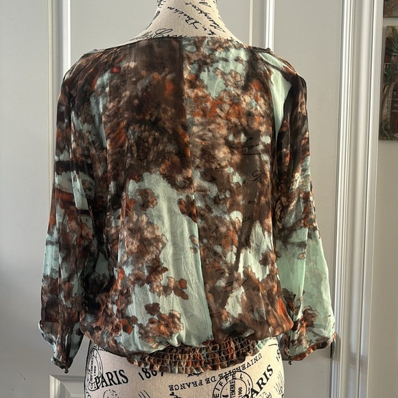 TED BAKER Erana Silk Floral Print Top Semi-sheer 3/4 Sleeve Blue Brown - Picture 4 of 7